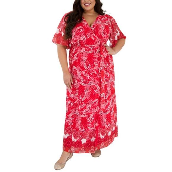 Maree Pour Toi Wrap Maxi Dress Women's 20 Red White Floral Flutter Sleeve NEW - Picture 1 of 9